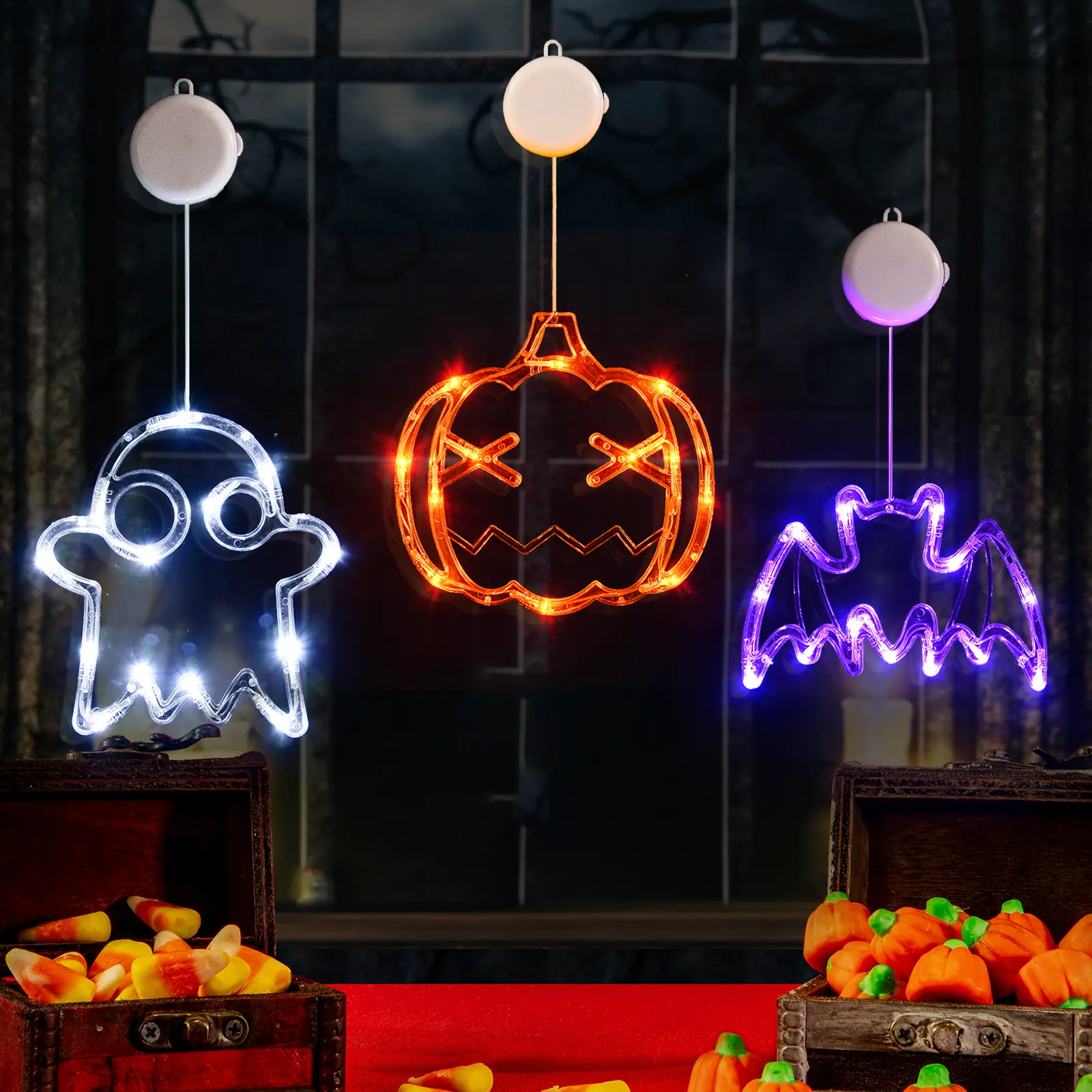 Pumpkin Ghost Bat Window Light 3-Piece Set 2025 Halloween Light with Suction Cup Battery-Powered LED Gradient Timer Light Halloween Window Decoration Indoor Atmosphere Light Outdoor Halloween Decoration