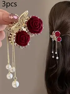3 Piece Elegant Vintage Rose and Pearl Tassel Hair Clips, Alloy Floral Design, Felt Roses and Transparent Gems, Perfect Gift, Flower Hair Clip