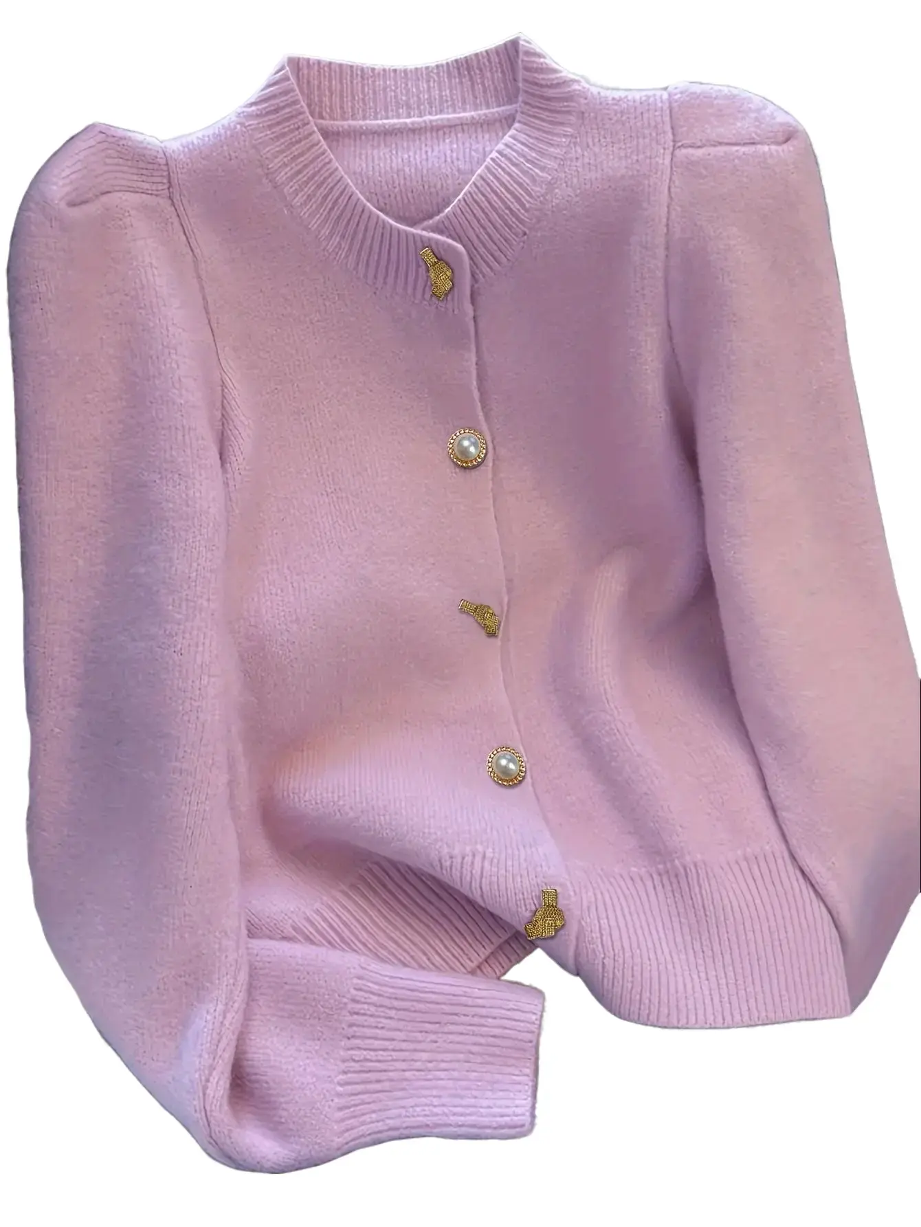 Women's Elegant Soft Knit Sheer Cardigan Knitwear - Long-Sleeve, Full-Sleeve, Crew Neck, Pearl Buttons, Heart Motif, Medium-Length Chic Casual Layering Top for 2026 Autumn-Winter