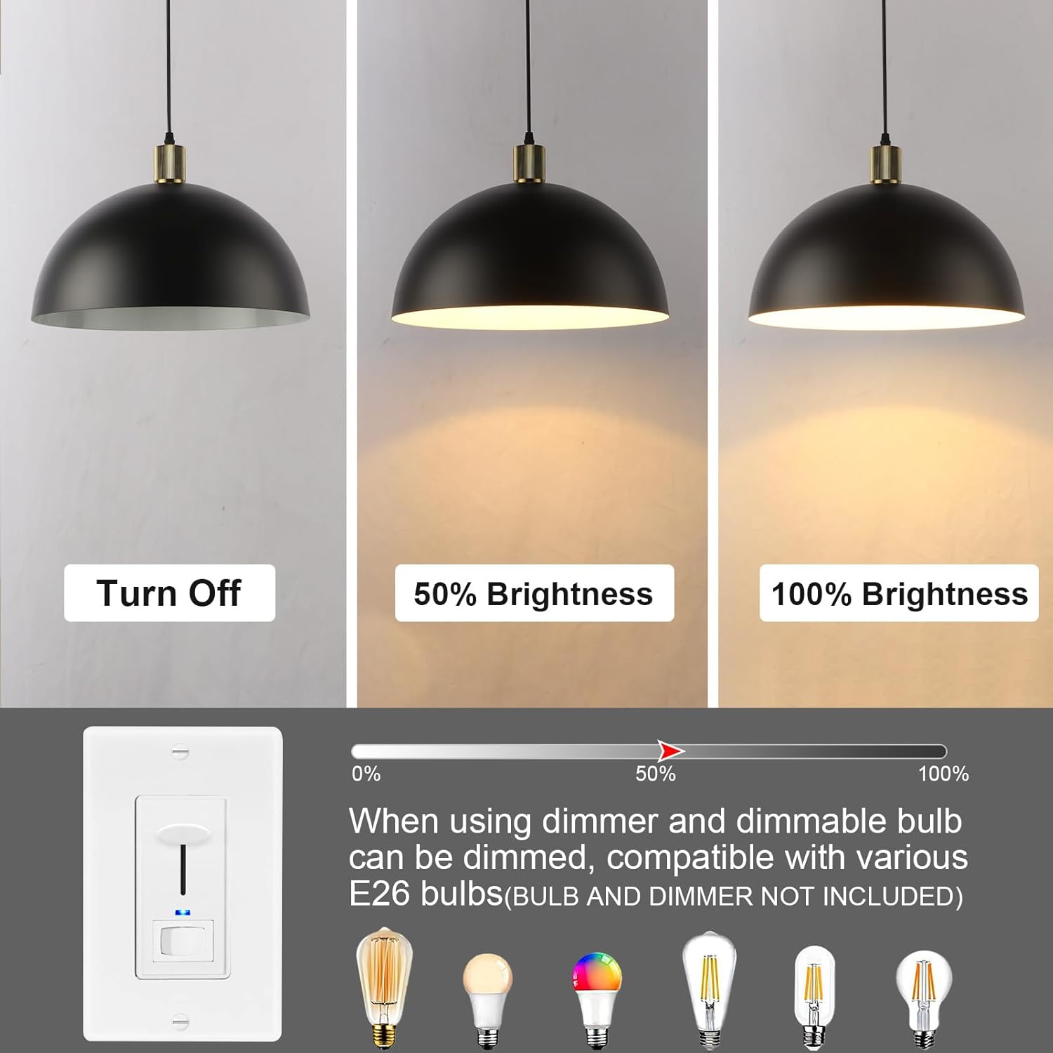 Black Pendant Light Fixtures, 15.7" Large Dome Farmhouse Vintage Chandelier Hanging Lighting for Kitchen Island Dining Room