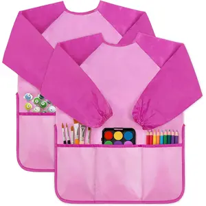 SQ-GCS004 2 Pack Kids Art Painting Smocks, Craft Aprons for Toddlers– Long Sleeve Waterproof Toddler Painting Aprons with 3 Pockets for Children Ages 2-6