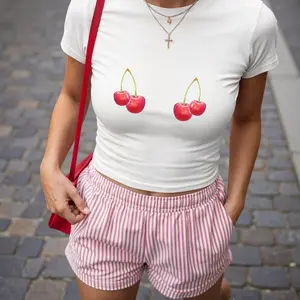 Cherry Bra Baby Tee Coquette Core Cheeky Fruit Baby Tee Watercolor Fruit Y2k Clothing Doodle-shirt Vintage Cherry Nostalgic Cherries Classic Y2K Aesthetic Slim Fit 100% Cotton Screen Print Classic Y2K Aesthetic Slim Fit 100% Cotton Screen Print
