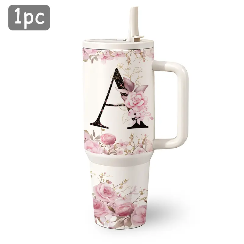 1 Pc 40-Oz Multicolor A-Z Letter Design Double-Wall Insulated Drink Tumbler, with Lid and Straw, Keeps Hot 12H & Cold 24H, Stainless Steel Outdoor Cup, for Home Kitchen or Office Use