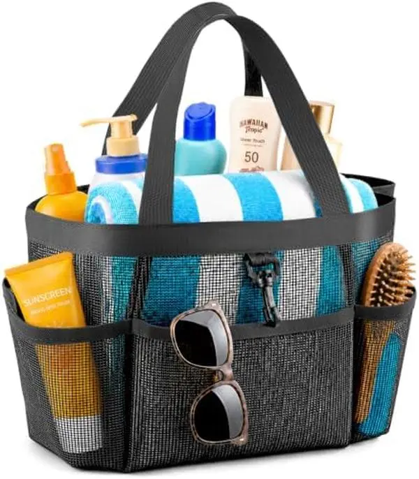 Mesh Shower Caddy Portable for College Dorm Room Essentials with 8 Pockets, Shower Bag for Beach, Swimming, Gym, Travel, Bathroom(Black)