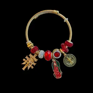 Red, San Benito, Virgen de Guadalupe y Cruz de Caravaca gold plated bracelet