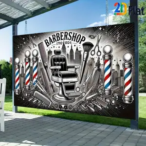 2D Flat Banner Wall Decor 1pc Professional Barber Shop Logo Design Pattern, Vintage Style Men's Barber Shop Badge, Classic Barber Tools Scissors Comb Beard Element Banner Barber Industry Brand Logo Studio Props, Indoor/Outdoor Use, Birthday and Festival D