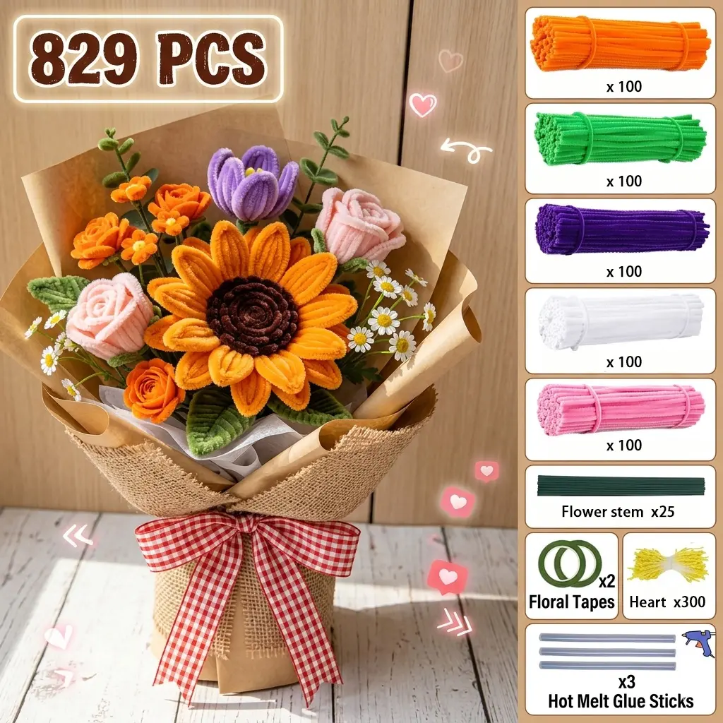 829PCS Pipe Cleaner Flower, Cleaners Craft, Chenille Stems Flowers Craft kit with Flower Stems, Floral Tape, Stamen,