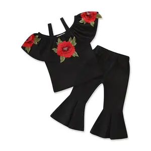 Kids Baby Little Girls 2PCS Outfit Sets Embroidery Flower Sling Lotus Leaf Top Long Bell-Bottom Solid Color Pant Summer Clothes Set
