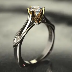 Elegant Two-Tone Round Cut Solitaire Engagement Ring for Women - Silver & Gold Plated Wave Band Promise Ring - Luxury Anniversary Wedding Jewelry