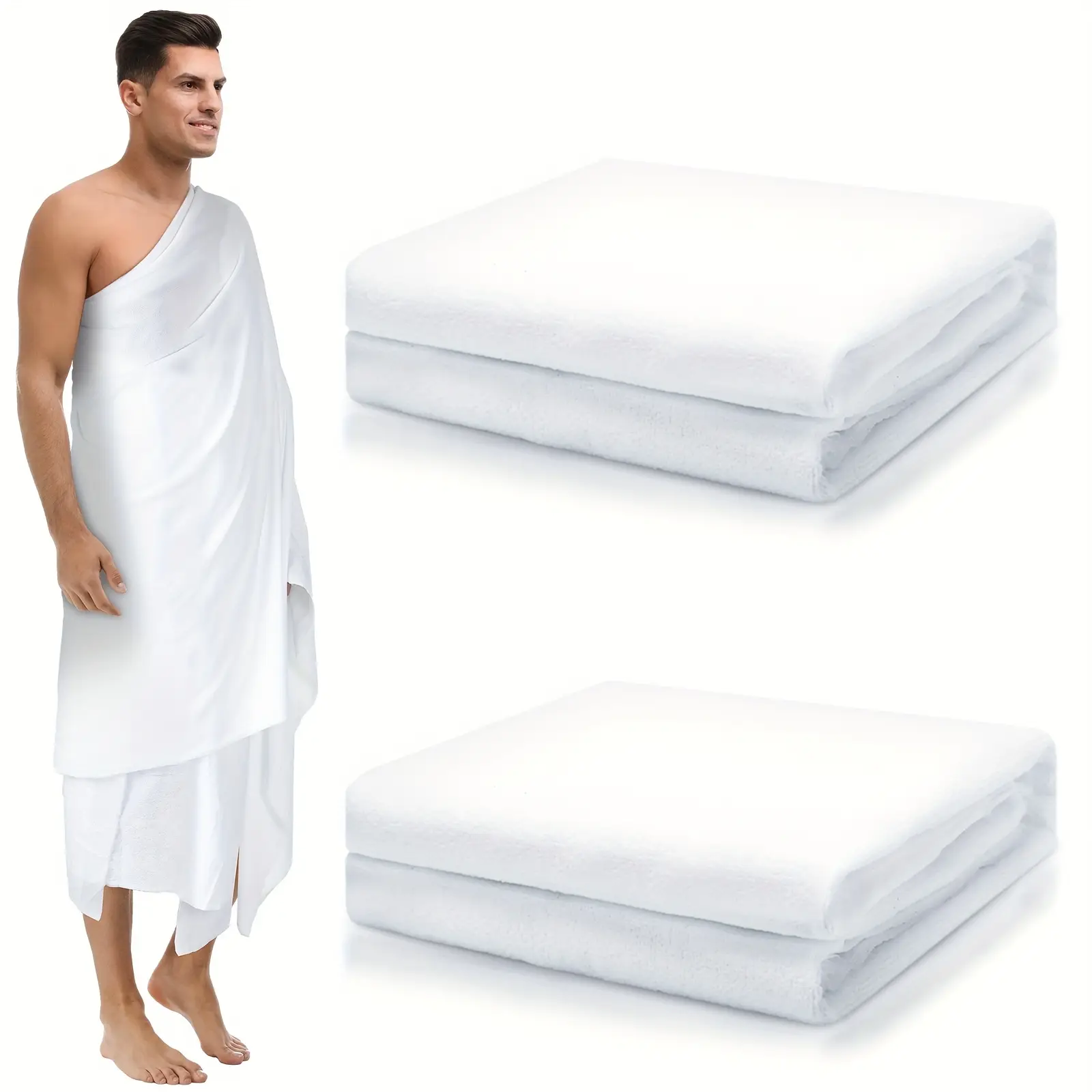 2pcs Men’s White Polyester Ihram for Hajj and Umrah - Lightweight & Breathable Islamic Pilgrimage Clothing, 41.3 x 82.7 Inches, Soft & Comfortable for