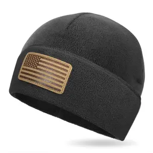OUTDOOR SHAPING American Leather Flag Fleece Watch Cap, USA Multi-Season Army Military Tactical Beanie, Winter Warm Beanie