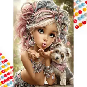 5D DIY Full Drill Round Diamond Painting - Diamond Art Painting Kit with Curly Hair Accessories, Bracelets, and Dogs. Mosaic, Canvas - DIY Decorative Painting, Home Wall Decor, Suitable for Halloween and Christmas, Birthday and Anniversary Gifts.