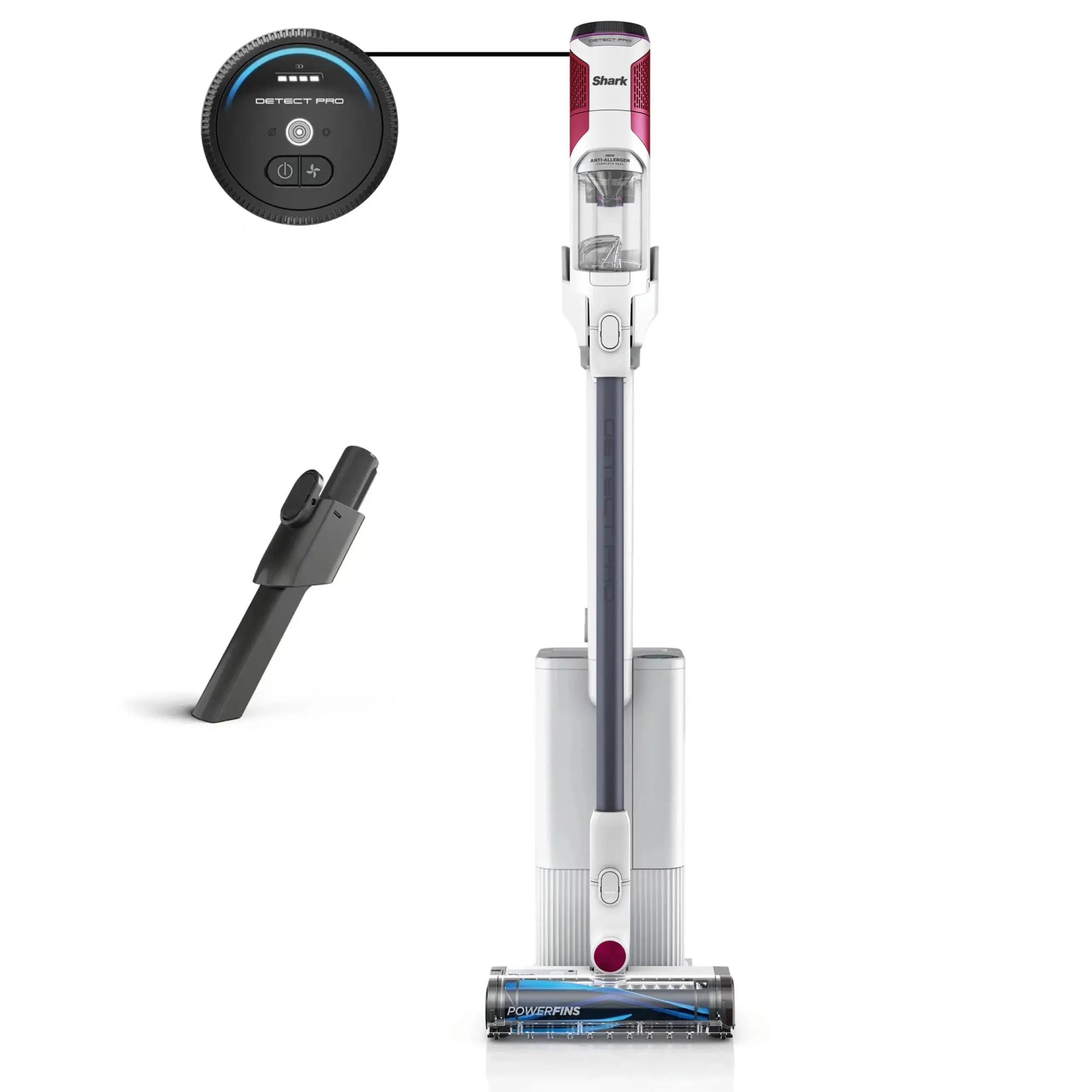 SHARK IW3525Q Detect Pro Auto-Empty System - Lightweight Cordless Stick Vacuum for Pet Hair with HEPA Filter, Odor Neutralizer, Portable Handheld, Charging Dock, Tools (Renewed) (White + Magenta)