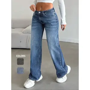 Women’s low-rise vintage wash straight-leg jeans—fashionable casual denim perfect for everyday wear; stylish ladies’ pants