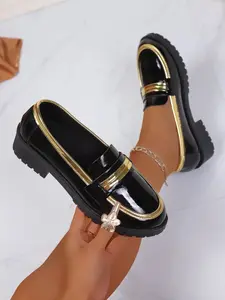 English Business New Height-Boosting Leather Single Shoe, Large Head Mid Heel Korean Commuter Loafers, Big Size Slip-On Colorblock