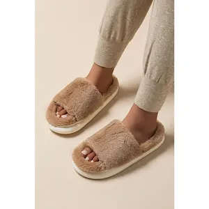 Chestnut Furry Open Toe Thick Sole Slippers