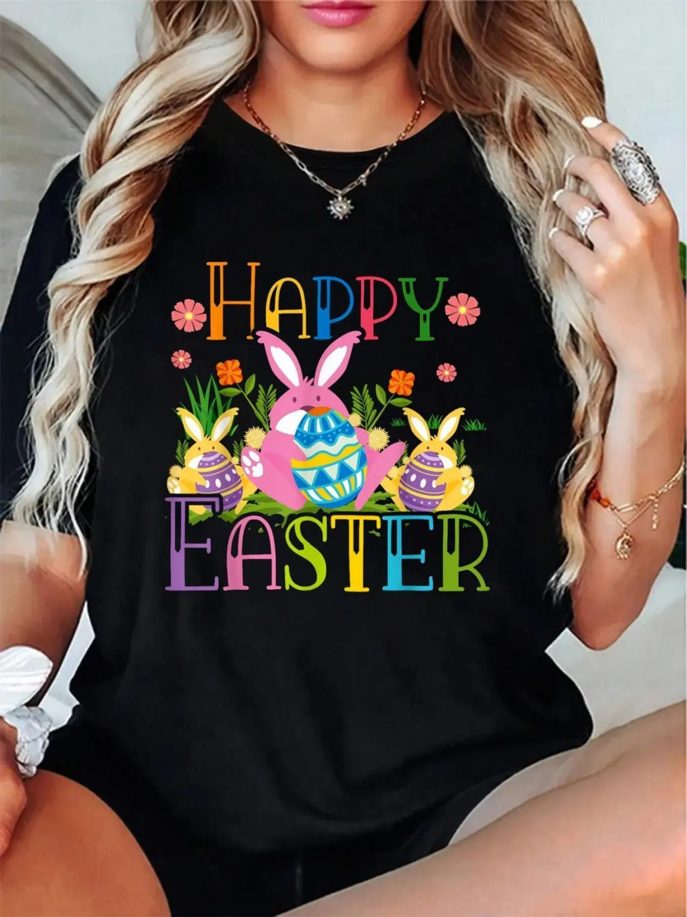 Ladies Happy Easter Bunny Pattern Shirt-Colorful F unisex soft cotton short sleeve t shirt, vintage graphic casual tee for men women teens, perfect birthday holiday gift for camping travel gym daily street  wear