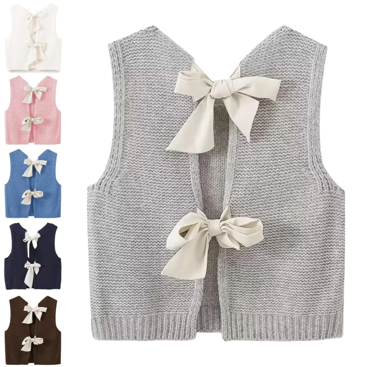 Omoone Women's Knit Sweater Vest with Bow Tie Open Back, Cute Preppy Crop Short Sleeveless Fashion Top, Sweet, Fitted, Cropped, Preppy Retro, Basic, Tie Up Vest, Casual