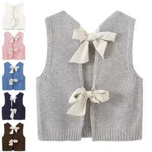 Ommig Womens Cropped Sweater Vest Casual Sleeveless Knit Cardigan Vest Bow Tie Back Knitted Tank Tops