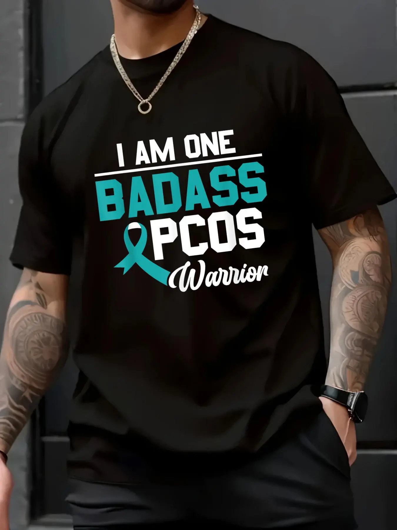 Unisex PCOS Warrior Short-Sleeve T-Shirt, 100% Cotton Casual Fashion Graphic Top, Classic Loose Round Neck, All-Seasons Menswear Pairing with Jeans, Jackets