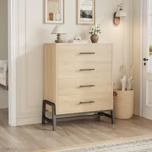 Yellow 4 Drawer Dresser with Storage Modern Tall Wood Chest with Wide Drawers and Flared Legs Closet Organizer for Bedroom Living Room Wood Color