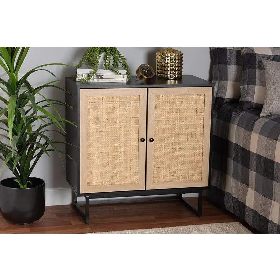 Declan Mid-Century Modern Espresso Brown Finished Wood and Natural Rattan 2-Door Storage Cabinet
