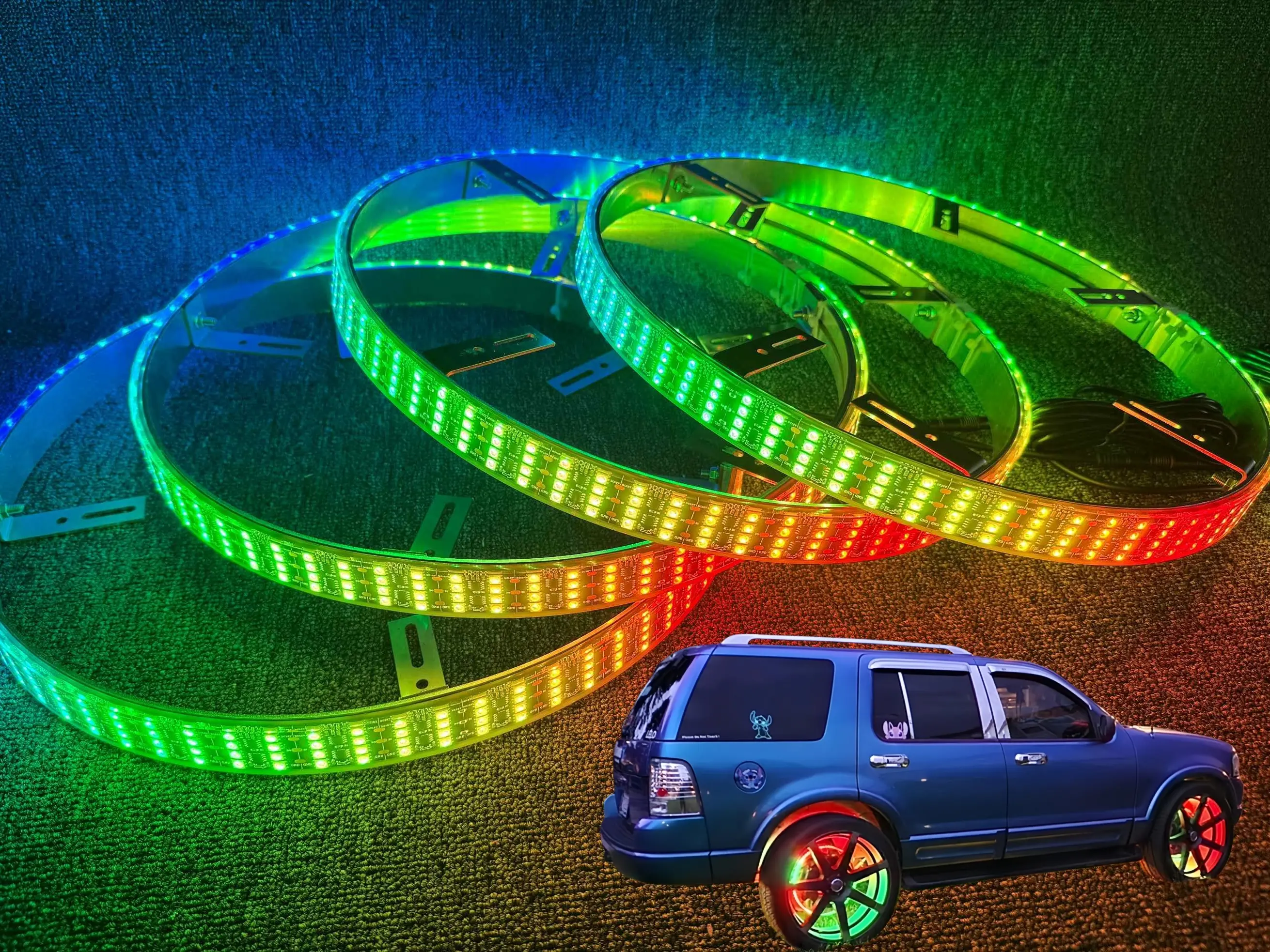 YDZWAVUI 17.5" Chasing RGB Quad Row LED Wheel Lights, Ultra-Bright Multi-Color Car Wheel Lights, IP68 Waterproof Truck Wheel Lights Kit with App & Remote Control, Dynamic Streaming Tire Lights with International Warranty