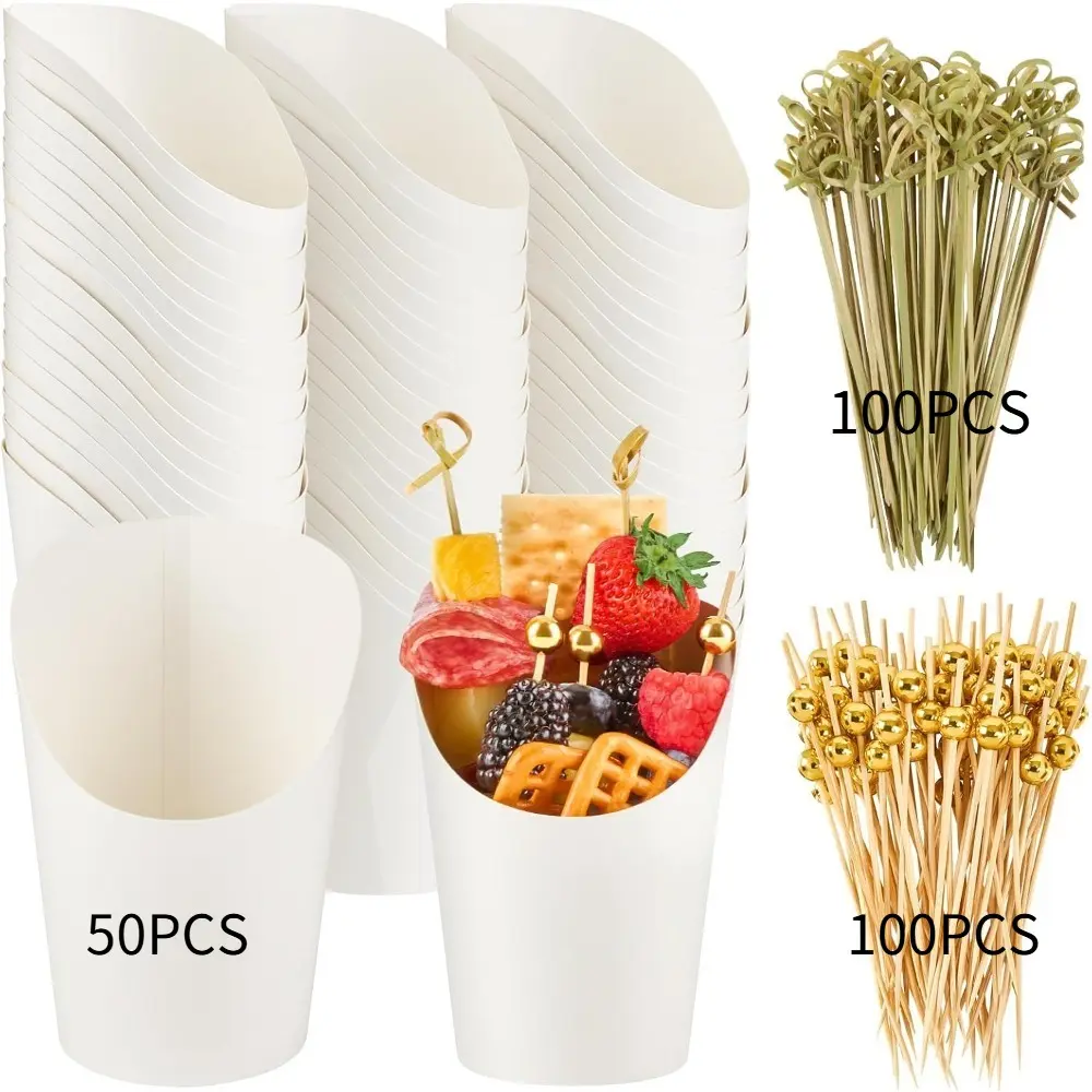 Charcuterie Cups with Sticks White Disposable 12oz Kraft Paper Appetizer Cup, Individual Party Serving Snack Cup Utensils (50 Cups, 200 Picks)