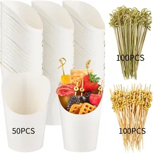 Charcuterie Cups with Sticks White Disposable 12oz Kraft Paper Appetizer Cup, Individual Party Serving Snack Cup (50 Cups, 200 Picks)