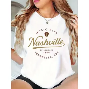 Women's Nashville Music City Guitar Pick Graphic T-Shirt, Tennessee USA Established 1806 Casual Short Sleeve Tee for Music Lovers & Nashville Enthusiasts 100% Cotton T-shirt