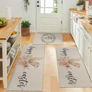 Floral & Rabbit Ear & Letter Pattern Kitchen Mat, 2/3 Counts Easter Non-slip Farmhouse Kitchen Rug, Water Absorbent Bath Mat, Decorative Carpet for Home Kitchen Living Room Bedroom