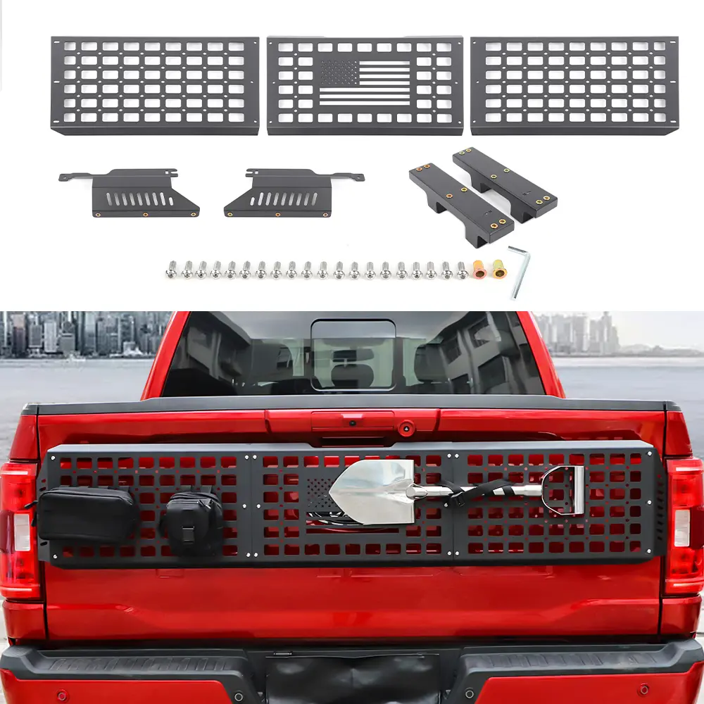 Iron Rear Tailgate Bed Molle Expansion Panel Cargo Carrier with Molle System, 7-Piece Laser Cut Fit Exterior Accessory for Ford F150 Fits 2021+ pickup truck