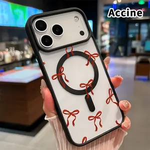 Magnetic Phone Case for iPhone 17 Pro Max 16 Plus 15 14 13 12 11 Air E Red Bow Pattern Clear Acrylic Back Waterproof Lightweight Mobile Phone Cover