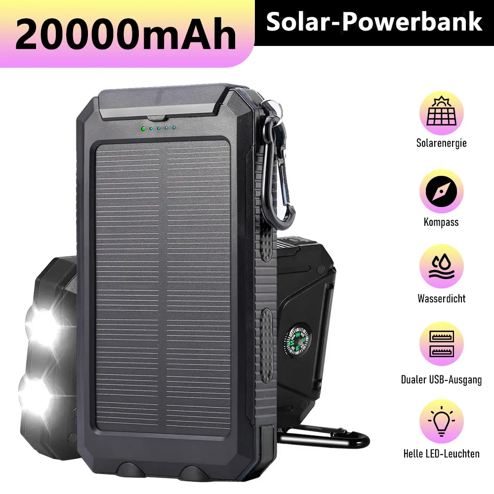 20000mAh Solar Power Bank Waterproof Fast Charging Portable Charger with Compass for Camping Hiking Outdoor
