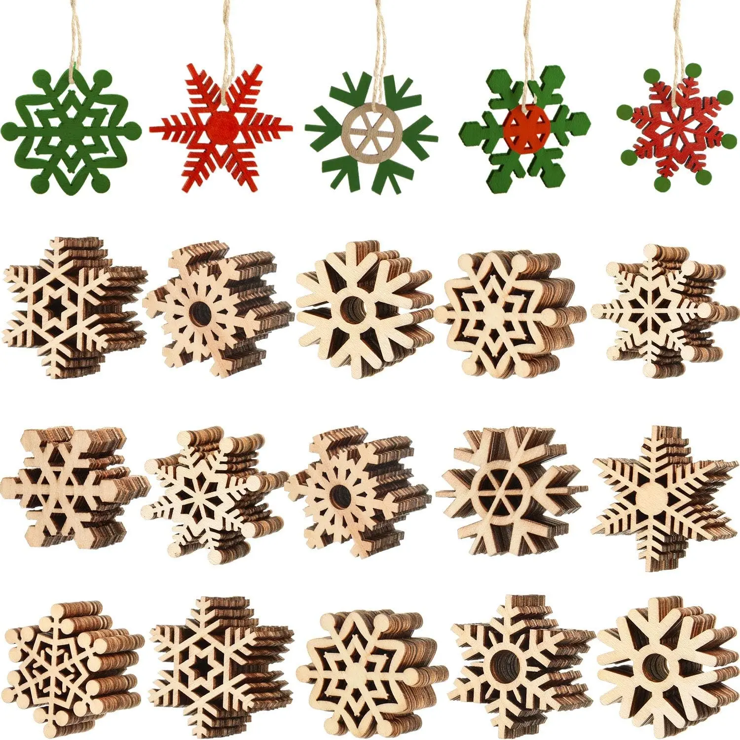 100 Pcs Natural Unfinished Wooden Snowflake Ornaments - Blank Wood Slices with Hanging Cord, Craft Embellishments for Christmas Tree, Holiday Home Decor, Decoration