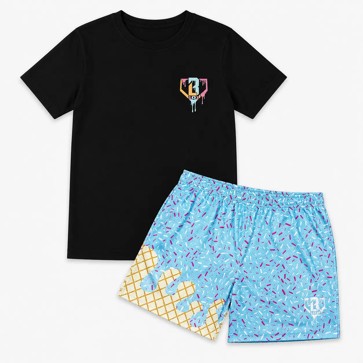 Baseball Lifestyle 101 Black Baseball Lifestyle Graphic T-Shirt & Blue Sprinkle Ice Cream Print Shorts Set for Adults & Youth, Casual Matching Outfit