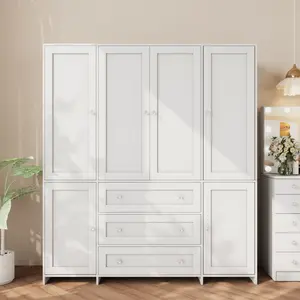 【2 Package Deliver】VOWNER White Large 4 Doors with Glass door Wardrobe with Side Cabinets 3 Drawers Motion Sensor Lighting 3 Color Modes Adjustable Brightness & Aluminum Alloy Hanging Rod