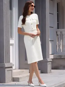INSPIRE CHIC Women's Tweed Sheath Dress with Belted Short Sleeve Work Pencil Dress
