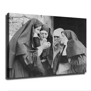 Black and White Smoking Nun Poster Picture Room Decoration Art Stretched and Framed Ready to Hang - Framed