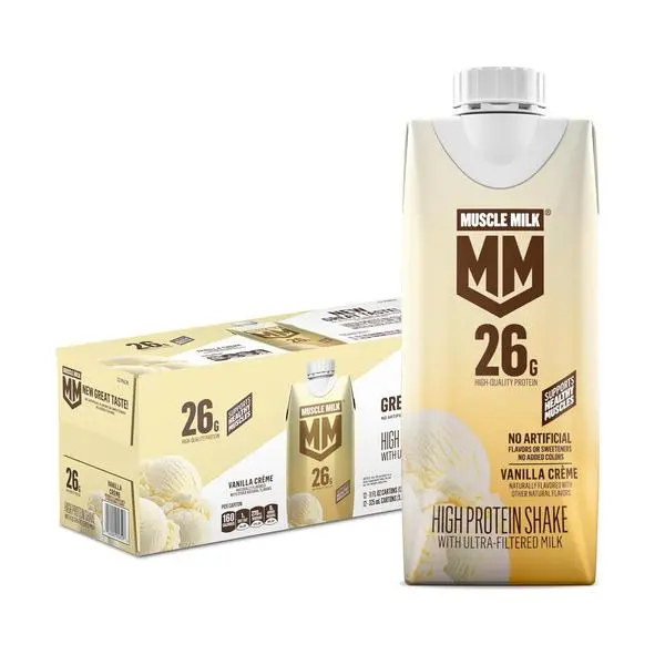 Muscle Milk High Protein Shake, Vanilla Creme, 11 fl oz Cartons (12 Pack) Ultra Filtered Milk, 26g High Quality Protein Shake, 3g Sugar, 160 Calories, No Artificial Flavors, No Artificial Sweeteners, No Added Colors