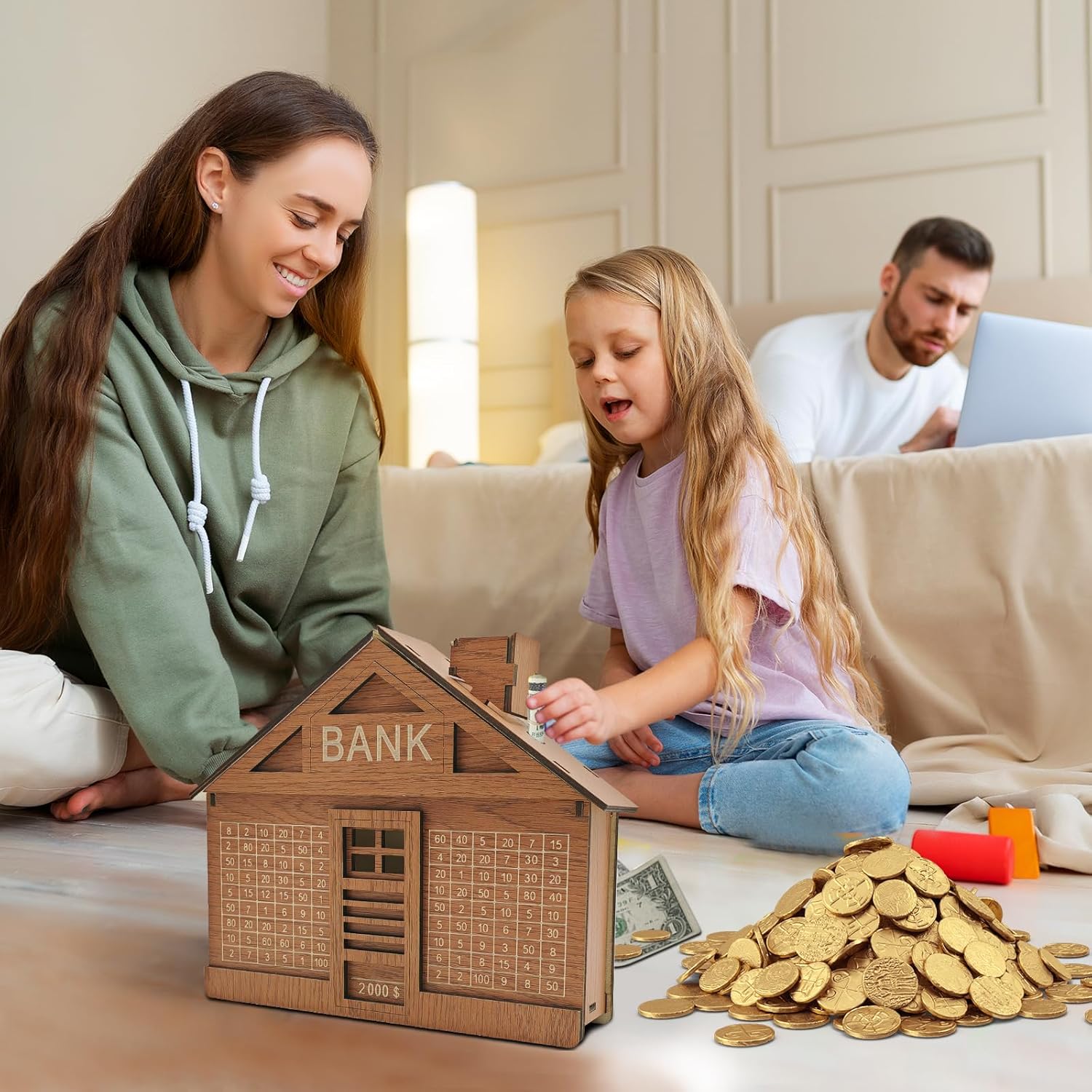 Cash Vault Wooden Savings Box,Reusable Cash Saver Box with Dry Erase Pen,Wooden Coin Money Bank for Kids Adults