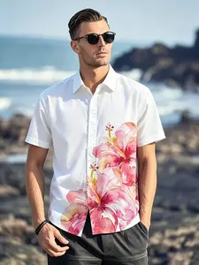 Men's Hawaiian Shirt, Watercolor Hibiscus Floral Print Short Sleeve Button Down Shirt, Lightweight Breathable Tropical Aloha Shirt for Beach Vacation, Summer Casual Wear, Pool Party, Holiday, 2026 Trending Men's Casual Button Up Shirts for Men