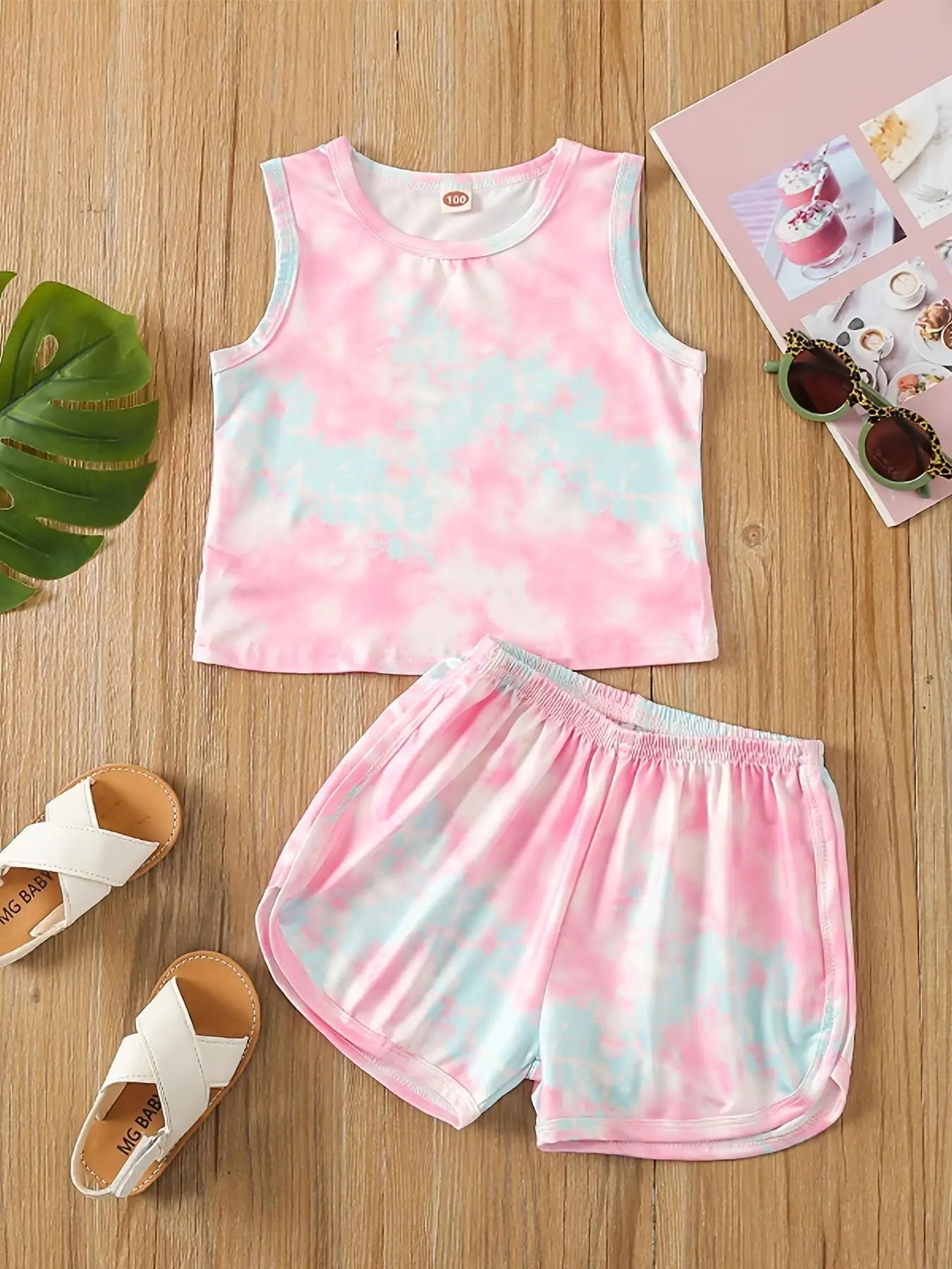 Girl's Tie Dye Print Tank Top & Shorts Two-piece Set, Casual Round Neck Sleeveless Top & Shorts for Summer, Kids Clothes for Daily Wear, Kids Outfit