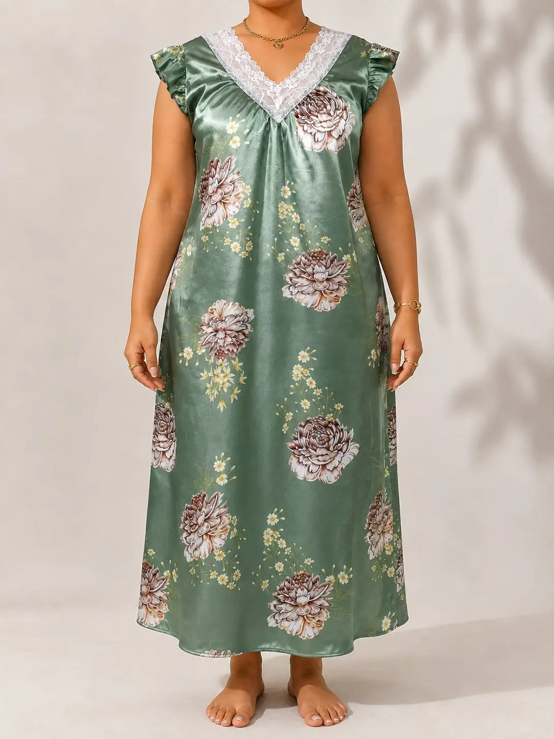 Women's Plus Size Green Floral Satin Nightgown with Lace Trim V-Neck, Ruffle Sleeve Long Sleep Dress
