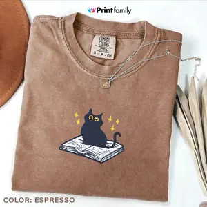 Comfort Colors Black Cat Book T-Shirt, Cute Kitty Reading Tee, Book Club Crewneck Top, Gift for Book Lovers and Readers, Cozy Cat Lover Graphic Shirt - Printfamily