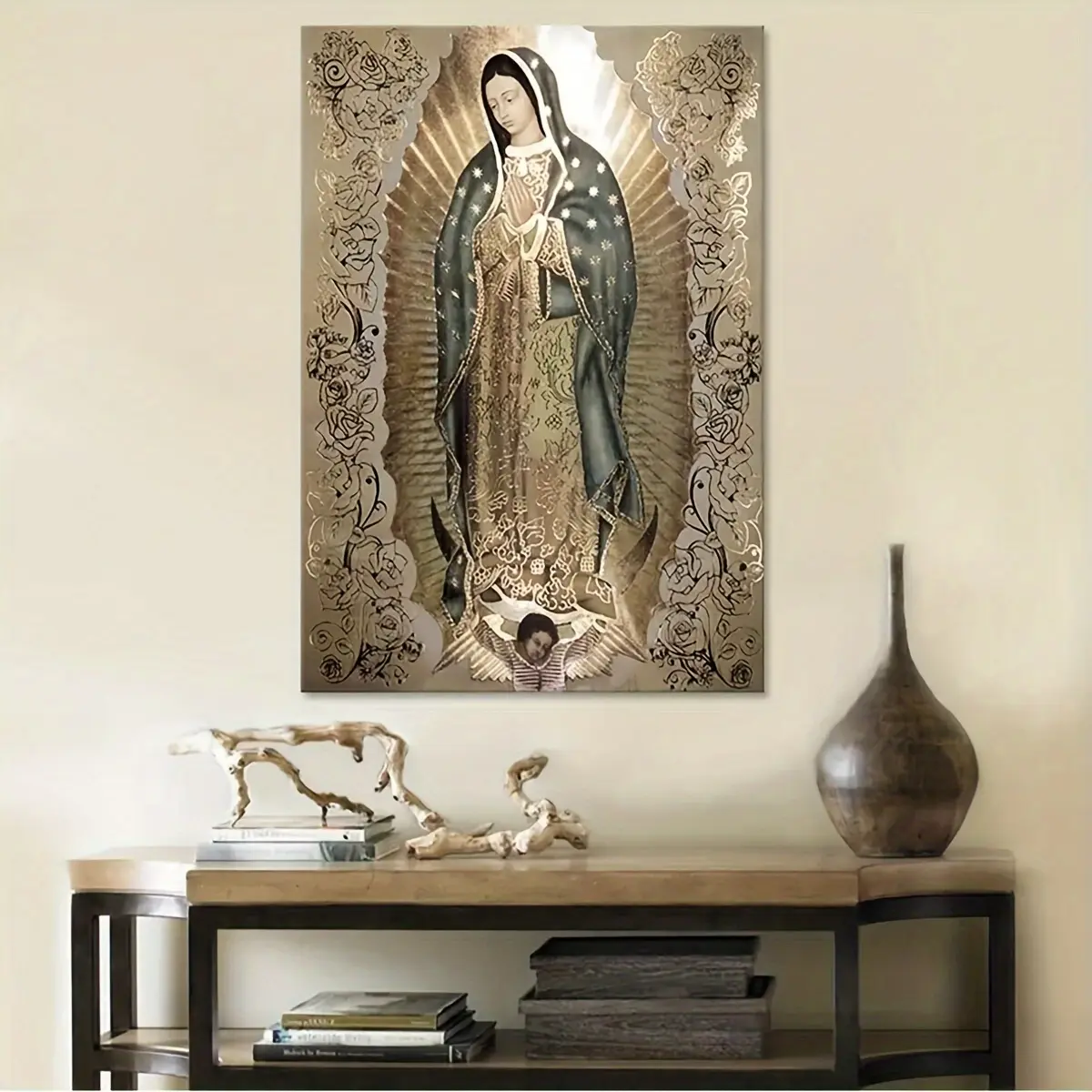 Our Lady of Guadalupe Metallic Gold Foil Canvas Wall Artwork - Framed/Unframed Virgin Mary Print, Waterproof Floral Mexican Catholic Poster, Home Altar Gift, Living Room Home Decor