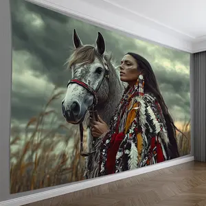 1pc, Tribal Warrior Woman and Horse Tapestry, Polyester, 3D Wall Hanging Decor, Perfect Gift for Living Room, Bedroom, Office, Party, No Feather, Plug-in Free, Elegant Style, Home & Kitchen Decor