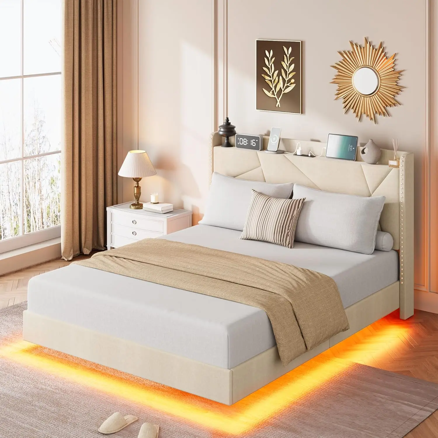 Queen Size Upholstered Floating Bedframe with Upholstered Headboard, RGB LED Lights, Charging Station, Suspended Storage, No Box Spring Needed, Beige - Illuminated Bed Frame, Illuminated Bed Frames
