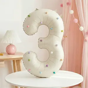 3pcs， Cream White Number and Wedding Hair Ball Balloon Set - Includes 32 inch cream white numbers 1-5, 1 pack of mixed color hair balls, adhesive, suitable for birthday parties, anniversary decorations, art and craft party balloons
