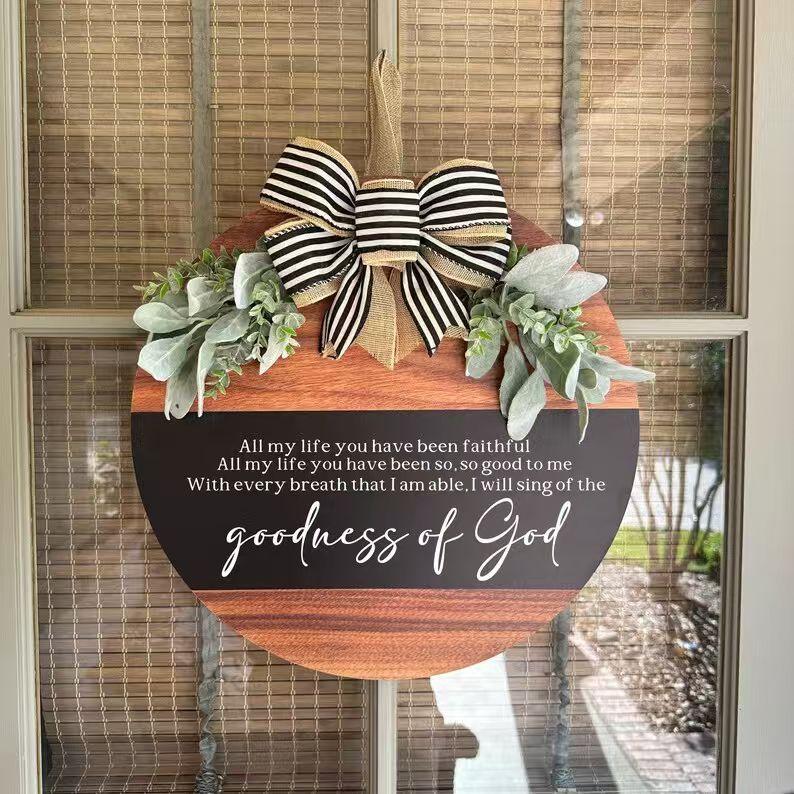 Christian Round Wooden Religious Door Hanger - 11.8 in Greenery, Goodness of God Bible Verse Sign, Smooth Lightweight Farmhouse Daily Decoration, Pre-Hung Rope Inspirational Porch Gift for Entryways